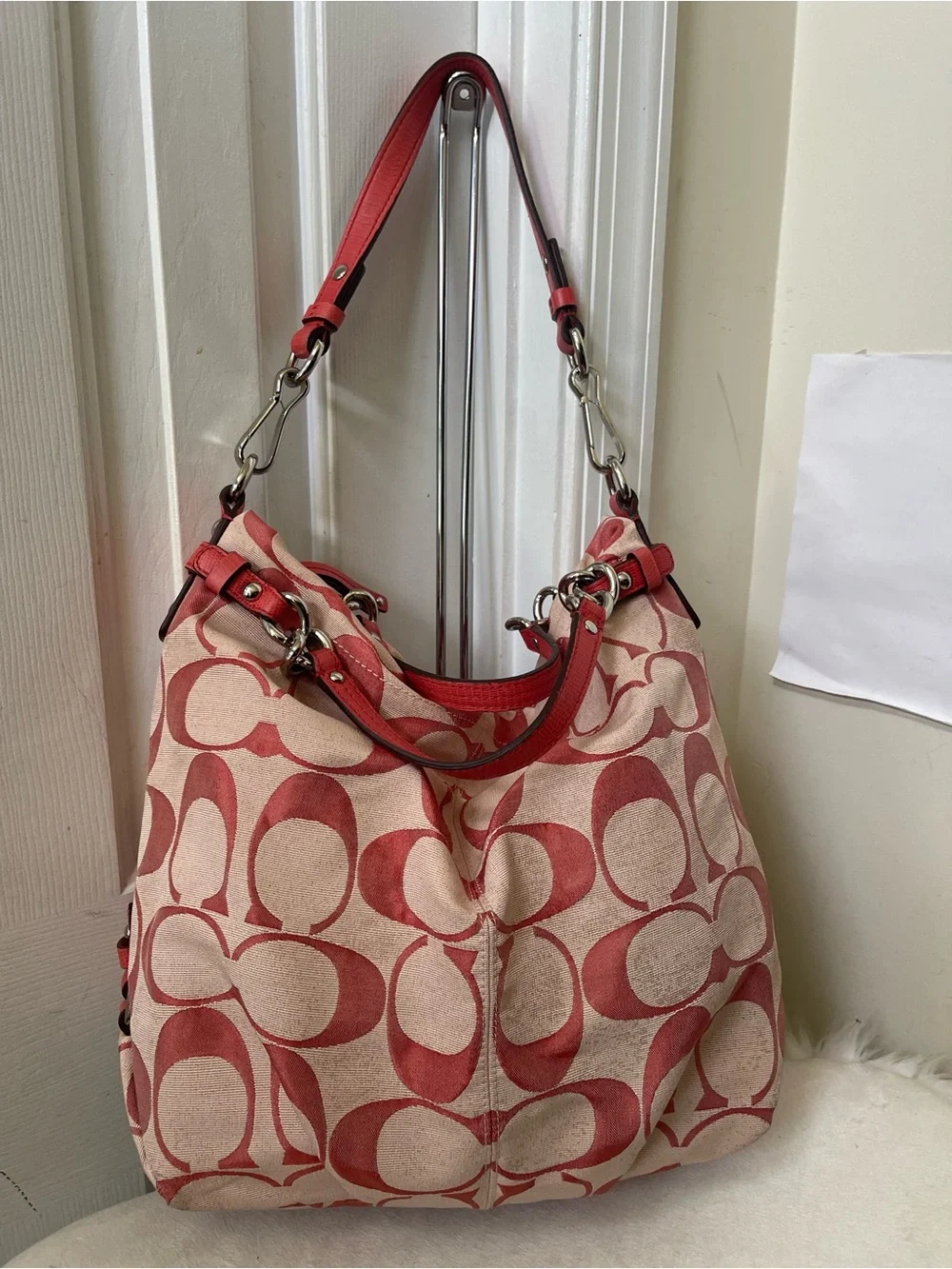 Coach Red Signature Canvas Shoulder Bag with Leather Trim
